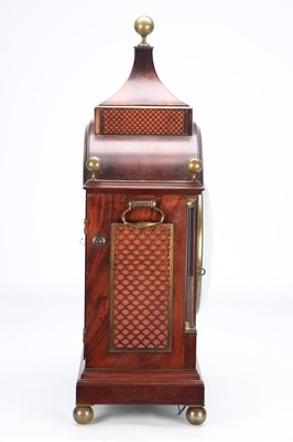 Lot 34 - GEORGE WILKINS, SOHO. A REGENCY FIGURED MAHOGANY QUARTER CHIMING BRACKET CLOCK WITH ALARM