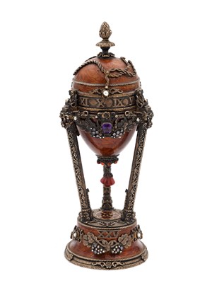 Lot 154 - A RUSSIAN SILVER ENAMEL AND JEWELLED MUSICAL CLOCK