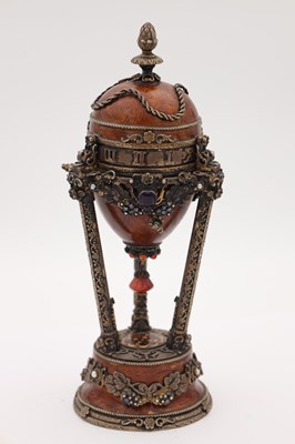 Lot 154 - A RUSSIAN SILVER ENAMEL AND JEWELLED MUSICAL CLOCK