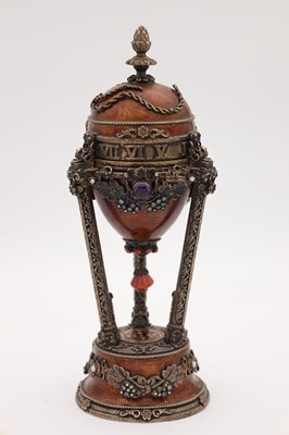 Lot 154 - A RUSSIAN SILVER ENAMEL AND JEWELLED MUSICAL CLOCK