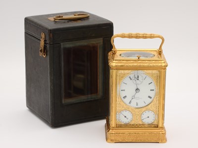 Lot 174 - GROHE, WIGMOOR STREET, LONDON A FINE LATE 19TH CENTURY FRENCH GORGE ENGRAVED PETITE SONNERIE CARRIAGE CLOCK WITH CALENDAR WORK