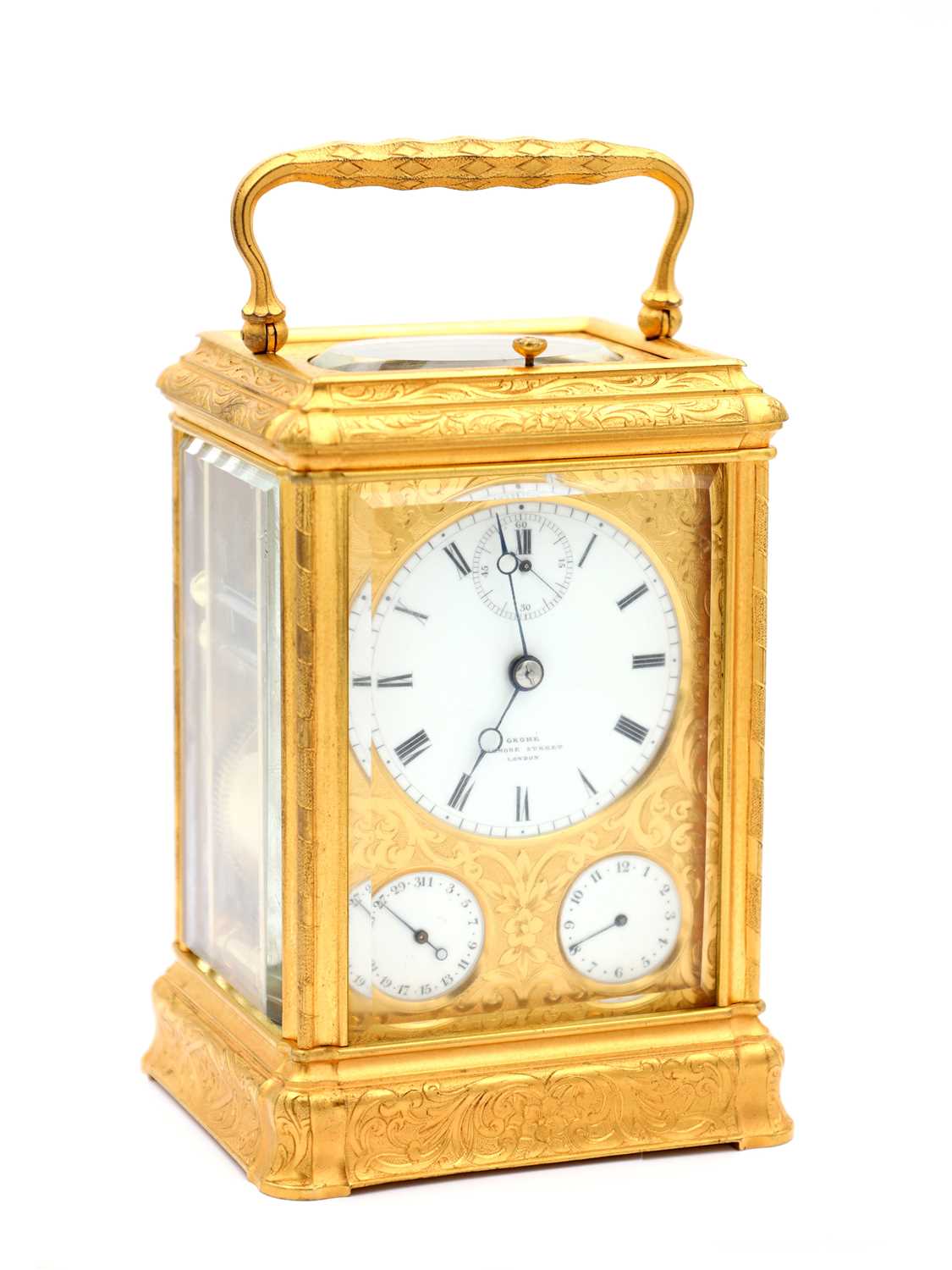 Lot 174 - GROHE, WIGMOOR STREET, LONDON A FINE LATE 19TH CENTURY FRENCH GORGE ENGRAVED PETITE SONNERIE CARRIAGE CLOCK WITH CALENDAR WORK