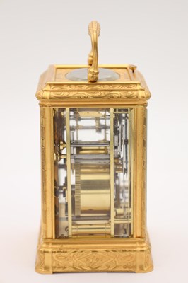 Lot 174 - GROHE, WIGMOOR STREET, LONDON A FINE LATE 19TH CENTURY FRENCH GORGE ENGRAVED PETITE SONNERIE CARRIAGE CLOCK WITH CALENDAR WORK