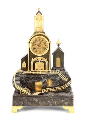 Lot 31 - A MID 19TH CENTURY FRENCH BRONZE AND ORMOLU AUTOMATON MANTEL CLOCK
