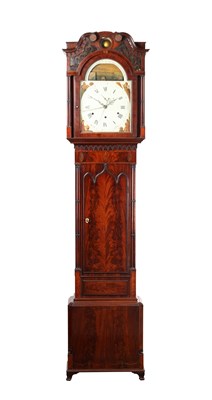 Lot 41 - A FINE AND RARE GEORGE III MAHOGANY MUSICAL AUTOMATON YEAR CALENDAR LONGCASE CLOCK WITH SPHERICAL MOON OF NELSON INTEREST
