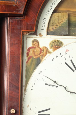 Lot 41 - A FINE AND RARE GEORGE III MAHOGANY MUSICAL AUTOMATON YEAR CALENDAR LONGCASE CLOCK WITH SPHERICAL MOON OF NELSON INTEREST