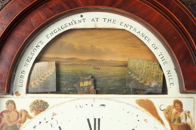 Lot 41 - A FINE AND RARE GEORGE III MAHOGANY MUSICAL AUTOMATON YEAR CALENDAR LONGCASE CLOCK WITH SPHERICAL MOON OF NELSON INTEREST