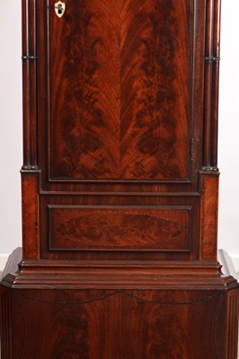 Lot 41 - A FINE AND RARE GEORGE III MAHOGANY MUSICAL AUTOMATON YEAR CALENDAR LONGCASE CLOCK WITH SPHERICAL MOON OF NELSON INTEREST