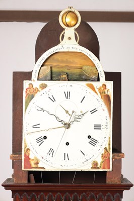 Lot 41 - A FINE AND RARE GEORGE III MAHOGANY MUSICAL AUTOMATON YEAR CALENDAR LONGCASE CLOCK WITH SPHERICAL MOON OF NELSON INTEREST
