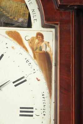 Lot 41 - A FINE AND RARE GEORGE III MAHOGANY MUSICAL AUTOMATON YEAR CALENDAR LONGCASE CLOCK WITH SPHERICAL MOON OF NELSON INTEREST
