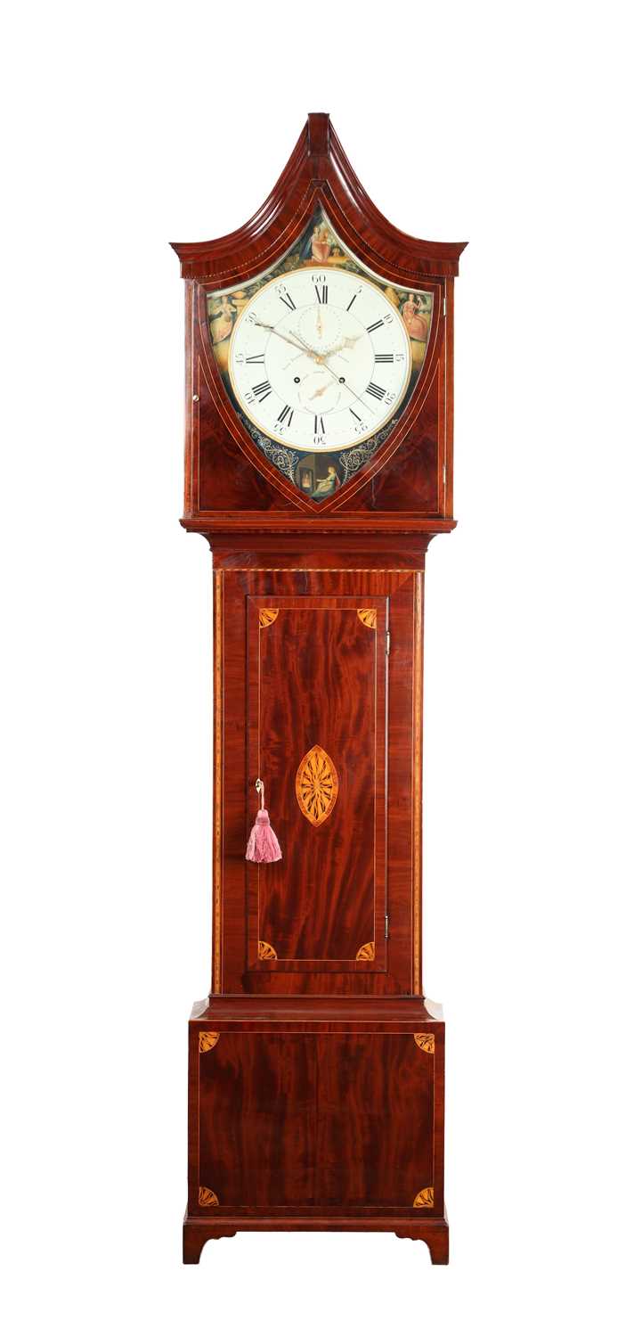 Lot 32 - JOHN DOBBIE, CALTON, GLASGOW. A RARE GEORGE III SHIELD-SHAPED PAINTED DIAL INLAID MAHOGANY EIGHT-DAY LONGCASE CLOCK