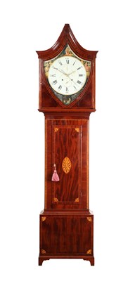 Lot 32 - JOHN DOBBIE, CALTON, GLASGOW. A RARE GEORGE III SHIELD-SHAPED PAINTED DIAL INLAID MAHOGANY EIGHT-DAY LONGCASE CLOCK