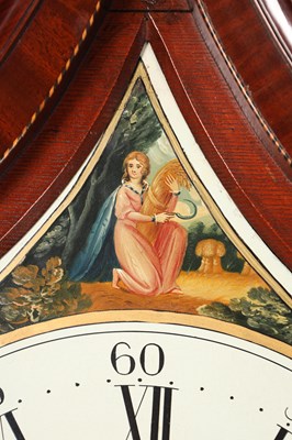 Lot 32 - JOHN DOBBIE, CALTON, GLASGOW. A RARE GEORGE III SHIELD-SHAPED PAINTED DIAL INLAID MAHOGANY EIGHT-DAY LONGCASE CLOCK