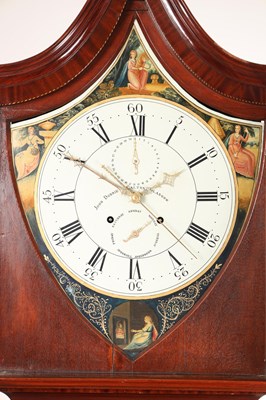 Lot 32 - JOHN DOBBIE, CALTON, GLASGOW. A RARE GEORGE III SHIELD-SHAPED PAINTED DIAL INLAID MAHOGANY EIGHT-DAY LONGCASE CLOCK