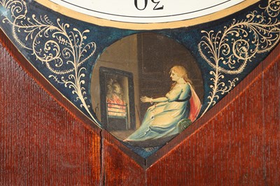 Lot 32 - JOHN DOBBIE, CALTON, GLASGOW. A RARE GEORGE III SHIELD-SHAPED PAINTED DIAL INLAID MAHOGANY EIGHT-DAY LONGCASE CLOCK