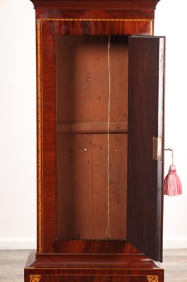 Lot 32 - JOHN DOBBIE, CALTON, GLASGOW. A RARE GEORGE III SHIELD-SHAPED PAINTED DIAL INLAID MAHOGANY EIGHT-DAY LONGCASE CLOCK
