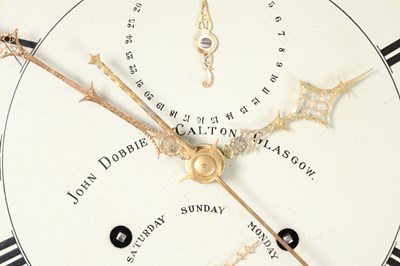 Lot 32 - JOHN DOBBIE, CALTON, GLASGOW. A RARE GEORGE III SHIELD-SHAPED PAINTED DIAL INLAID MAHOGANY EIGHT-DAY LONGCASE CLOCK