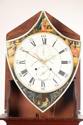 Lot 32 - JOHN DOBBIE, CALTON, GLASGOW. A RARE GEORGE III SHIELD-SHAPED PAINTED DIAL INLAID MAHOGANY EIGHT-DAY LONGCASE CLOCK