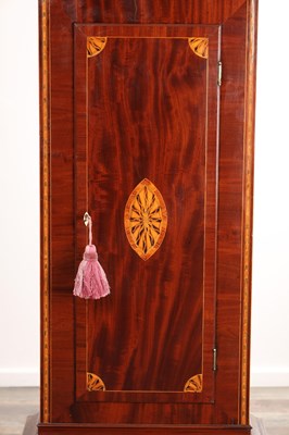 Lot 32 - JOHN DOBBIE, CALTON, GLASGOW. A RARE GEORGE III SHIELD-SHAPED PAINTED DIAL INLAID MAHOGANY EIGHT-DAY LONGCASE CLOCK