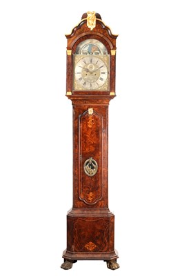 Lot 100 - PIETERK ROESE, AMSTERDAM. AN 18TH CENTURY DUTCH INLAID WALNUT BRASS DIAL EIGHT-DAY MOON ROLLER LONGCASE CLOCK