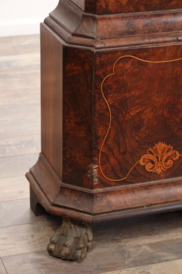 Lot 100 - PIETERK ROESE, AMSTERDAM. AN 18TH CENTURY DUTCH INLAID WALNUT BRASS DIAL EIGHT-DAY MOON ROLLER LONGCASE CLOCK