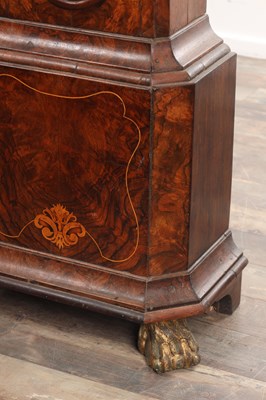 Lot 100 - PIETERK ROESE, AMSTERDAM. AN 18TH CENTURY DUTCH INLAID WALNUT BRASS DIAL EIGHT-DAY MOON ROLLER LONGCASE CLOCK