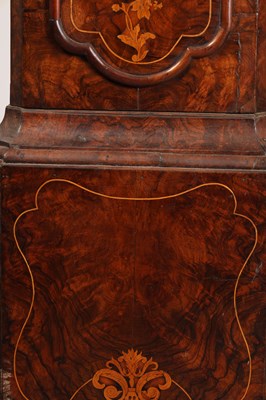 Lot 100 - PIETERK ROESE, AMSTERDAM. AN 18TH CENTURY DUTCH INLAID WALNUT BRASS DIAL EIGHT-DAY MOON ROLLER LONGCASE CLOCK