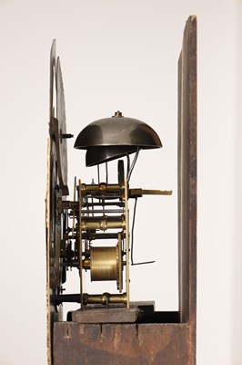 Lot 100 - PIETERK ROESE, AMSTERDAM. AN 18TH CENTURY DUTCH INLAID WALNUT BRASS DIAL EIGHT-DAY MOON ROLLER LONGCASE CLOCK