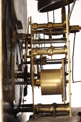 Lot 100 - PIETERK ROESE, AMSTERDAM. AN 18TH CENTURY DUTCH INLAID WALNUT BRASS DIAL EIGHT-DAY MOON ROLLER LONGCASE CLOCK
