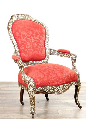 Lot A 19TH CENTURY ISLAMIC MOTHER OF PEARL AND BONE INLAID WALNUT UPHOLSTERED OPEN ARMCHAIR