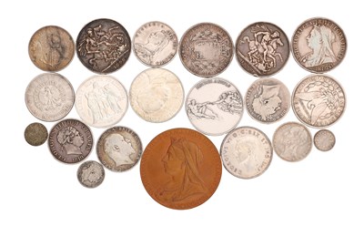 Lot A COLLECTION OF ENGLISH AND OTHER COUNTRIES' SILVER COINS WITH A VICTORIAN COMMEMORATIVE MEDAL