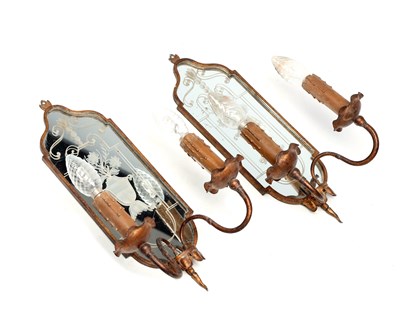 Lot A PAIR OF WROUGHT IRON AND ETCHED GLASS GIRANDOLE WALL SCONCES