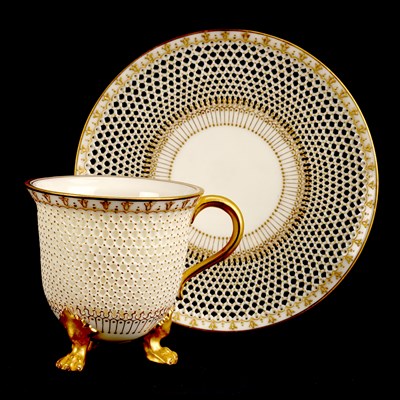 Lot A FINE EARLY 20TH CENTURY ROYAL WORCESTER RETICULATED CABINET CUP AND SAUCER BY GEORGE OWEN