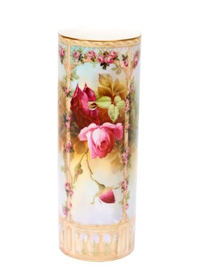 Lot AN UNUSUAL EARLY 20TH CENTURY ROYAL WORCESTER CYLINDRICAL VASE HAND PAINTED WITH ROSES BY N. HART
