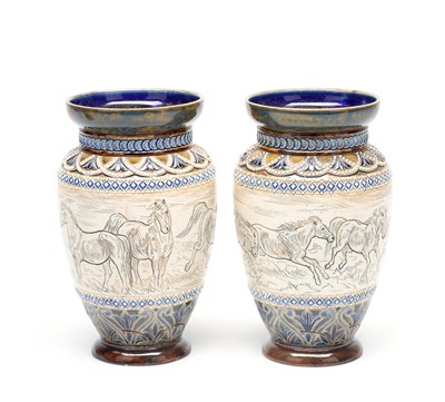 Lot A PAIR OF HANNAH BARLOW FOR DOULTON LAMBETH STONEWARE VASES
