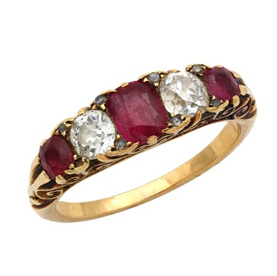 Lot A VICTORIAN FIVE STONE RUBY AND DIAMOND 14CT GOLD RING