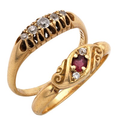 Lot TWO LATE 19TH/EARLY 20TH CENTURY DIAMOND AND RUBY 18CT GOLD RINGS