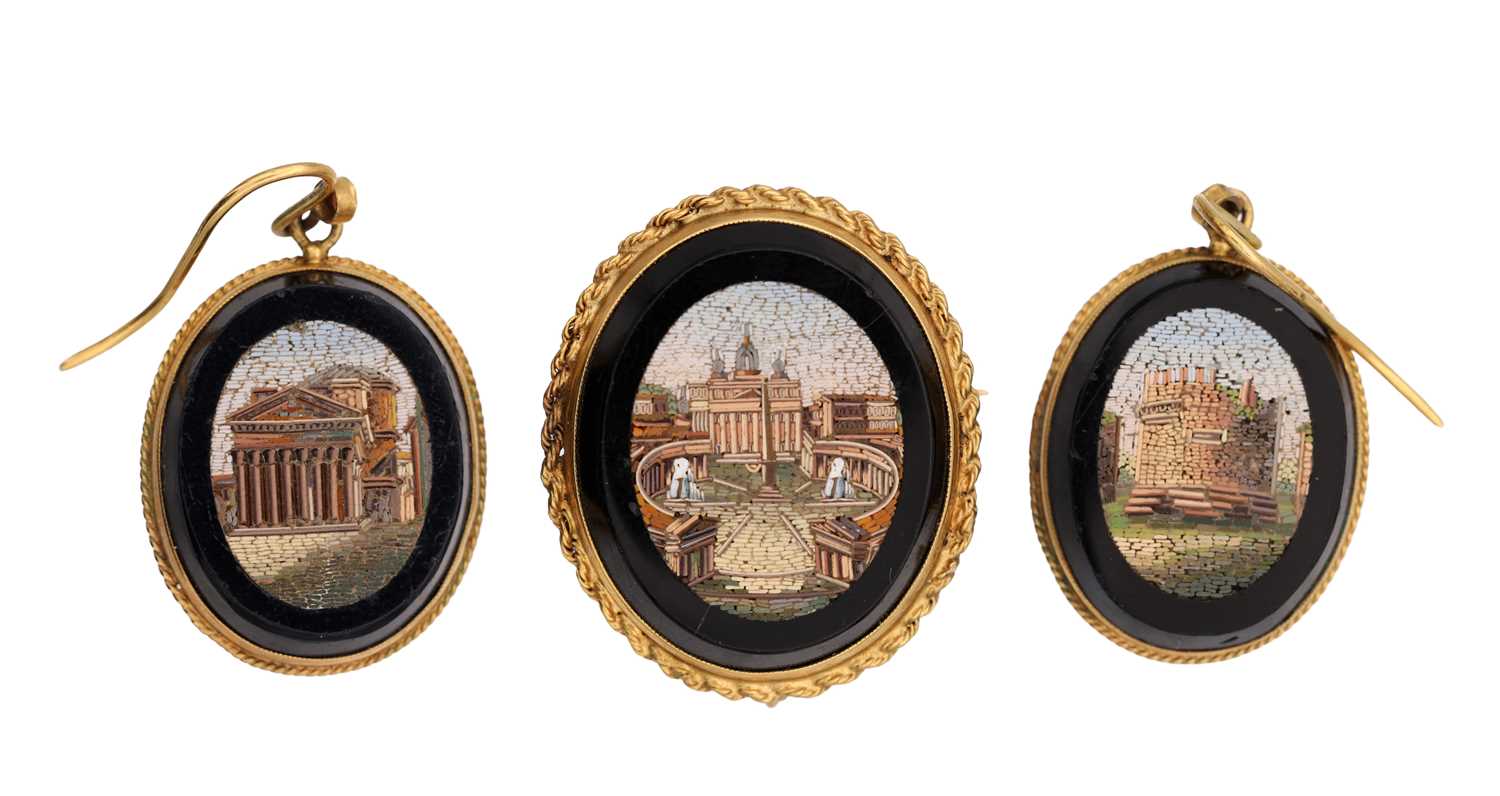 Lot A 14CT GOLD GRAND TOUR MICROMOSAIC BROOCH AND EARRING SET