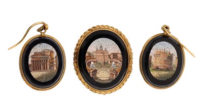 Lot A 14CT GOLD GRAND TOUR MICROMOSAIC BROOCH AND EARRING SET