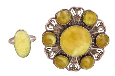 Lot A SILVER AND JADE BROOCH AND RING
