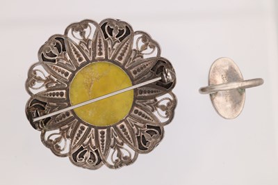 Lot A SILVER AND JADE BROOCH AND RING