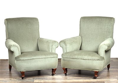 Lot A PAIR OF LATE 19TH CENTURY UPHOLSTERED WALNUT ARMCHAIRS