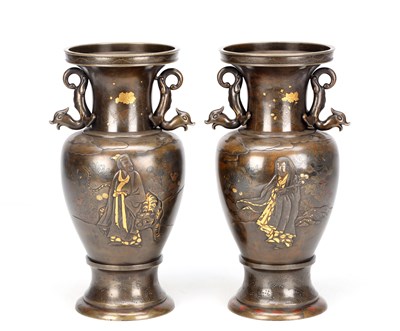 Lot A FINE PAIR OF JAPANESE MEIJI PERIOD PATINATED BRONZE AND MIXED METAL VASES