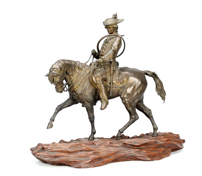 Lot A LARGE 19TH CENTURY FRENCH PATINATED BRONZE SCULPTURE OF A CAVALIER ON HORSEBACK IN THE MANNER OF P J MENE