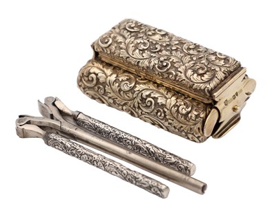 Lot A VICTORIAN ENGLISH SILVER-GILT DRESSING TABLE HEATER AND CURLING TONGS