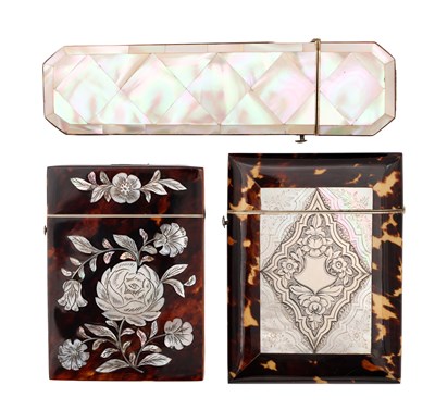 Lot THREE VICTORIAN TORTOISESHELL, MOTHER OF PEARL AND SILVER CARD CASES