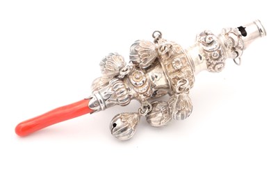 Lot A VICTORIAN ENGLISH SILVER AND CORAL CHILD'S RATTLE