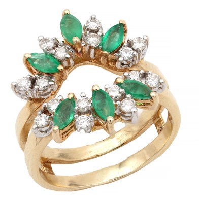 Lot AN EMERALD AND DIAMOND 14CT YELLOW GOLD ENHANCER RING