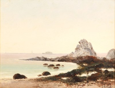 Lot 347 - JOHN FERRY OIL ON BOARD
 Rocks under Plymouth...