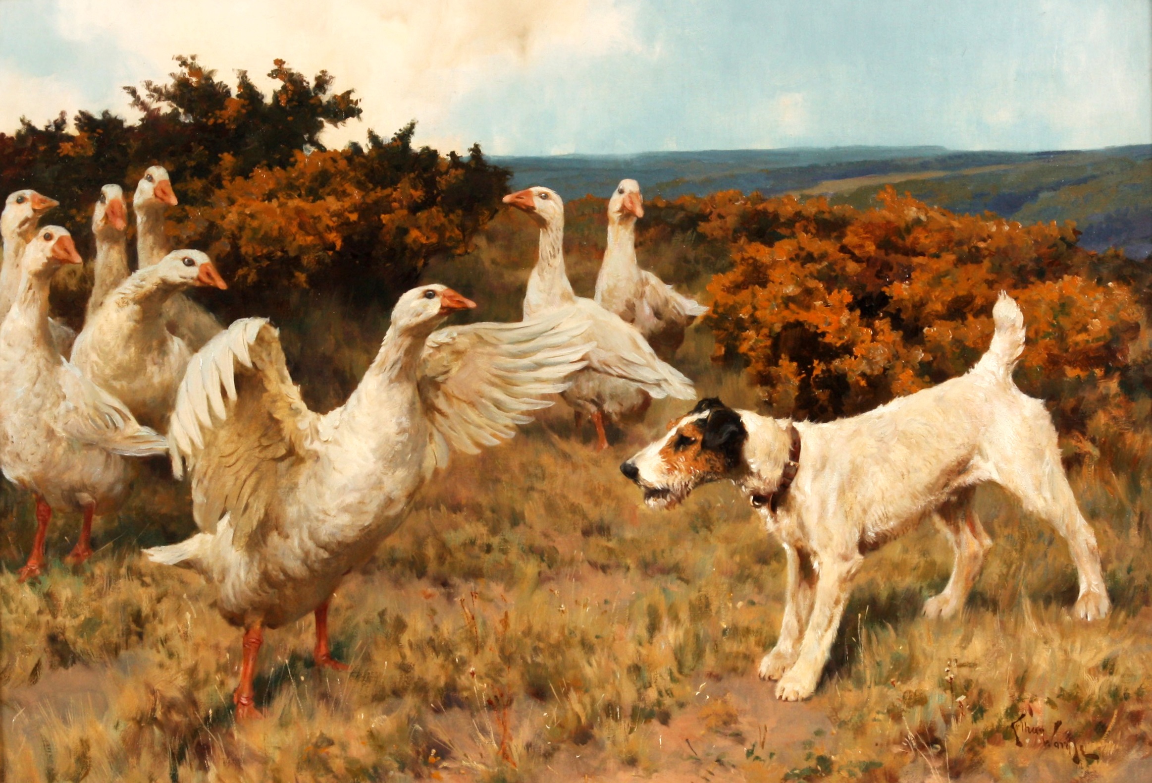 Lot 340 Arthur Wardle oil on canvas depicting a terrier and geese in a bushy landscape